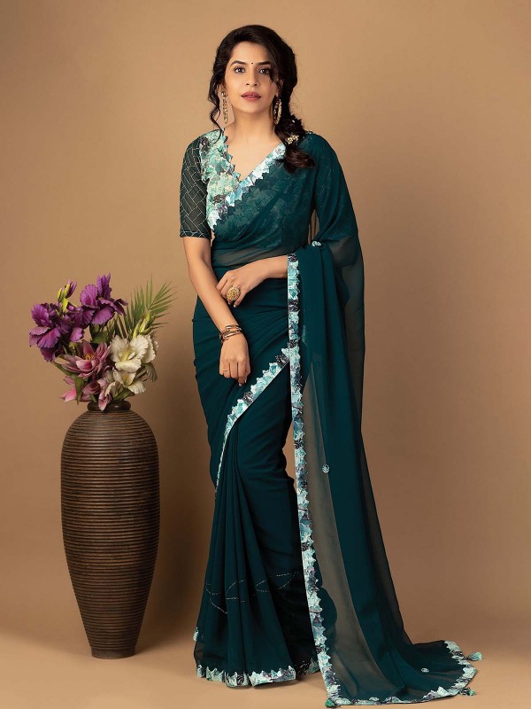 Peacock Green Fancy Dyed Digital Print Saree